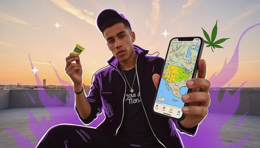 Young adult using Delta-9 THC safely with friends in a rooftop setting, surrounded by illustrated cannabis leaves and smoke