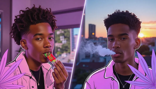 Young adult comparing marijuana edibles and vapes, visualizing cannabis consumption trends and safety concerns