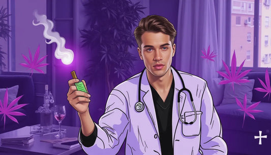 Serious doctor holding cannagar in office, blending medical professionalism with cannabis culture, highlighting patient attitudes toward doctors using marijuana