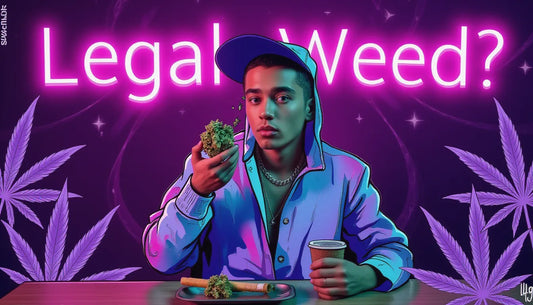 Smoker reacting to THCA flower and its legal status, holding a premium roll and labeled cannabis bud with smoke and purple cannabis designs