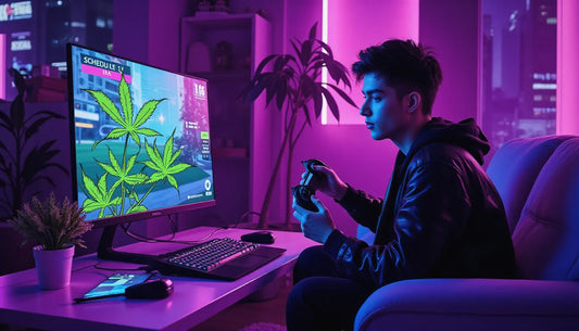 Gamer playing Schedule I game with cannagar prep scene, representing cannabis culture and U.S. drug policy satire