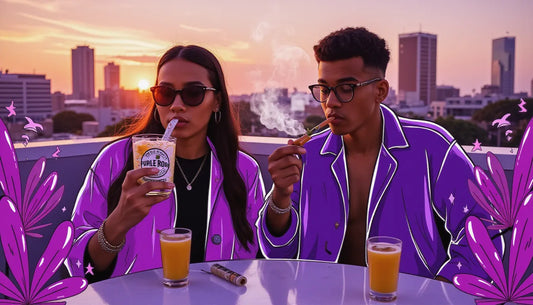 Stylish Gen Z adults smoking cannagars and sipping hemp THC drinks instead of alcohol, highlighting cannabis lifestyle shift
