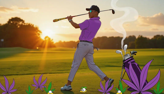 Stylish golfer holding a cannagar with Purple Rose Supply mold kit on a sunny golf course, cannabis and golf lifestyle visual