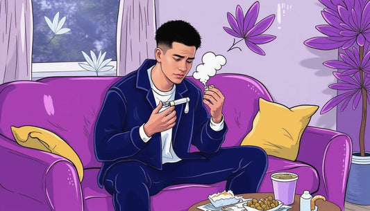 Millennial cannabis user reacting to inflation while holding Purple Rose Supply cannagar mold, highlighting budget-conscious cannabis consumption.