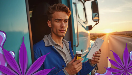 Frustrated truck driver holding failed marijuana drug test result outside semi-truck, highlighting cannabis testing issues in trucking industry