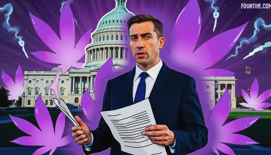 Young adult holding cannabis policy reform bill in front of U.S. Capitol with drug czar illustration, purple cannabis leaves, and smoke overlay