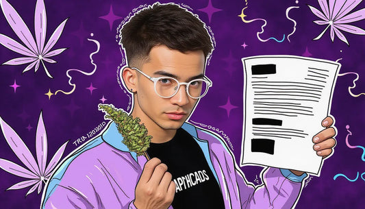 Concerned young cannabis user holding a lab report and THC-labeled bud jar in front of government docs and the White House, emphasizing marijuana potency testing cancellation