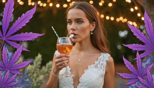 Chic bride and groom enjoying elegant cannabis-infused drinks and edibles at a classy weed wedding celebration with floral cannabis illustrations