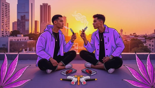 Trendy Gen Z smoker in LA holding a futuristic cannabis device and a cannagar, symbolizing modern cannabis consumption methods in Los Angeles