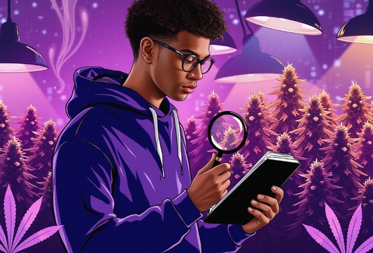 a confident young cannabis grower with a journal and magnifying glass in hand