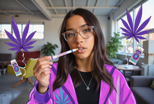 a vibrant young smoker holding a perfectly rolled Blueberry weed strain joint made with Purple Rose Supply tools