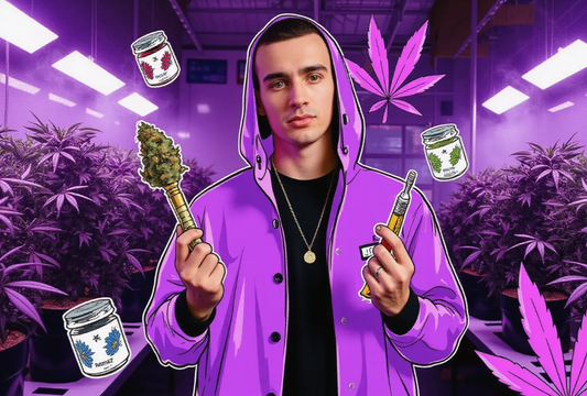 Viral thumbnail showing Gen Z cannabis user admiring colorful cannabis buds and top 2025 strains like Zkittlez and Gush Mints, surrounded by purple marijuana leaf illustrations and smoke.
