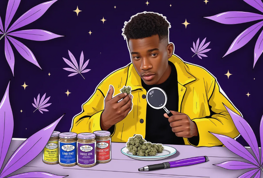 Cannabis connoisseur examining weed bud and strain scorecard with tools, surrounded by cannabis graphics