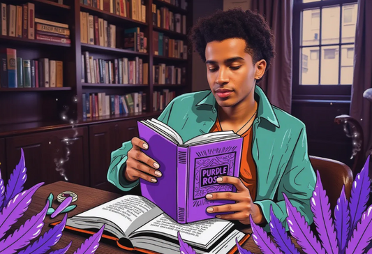 young, stylish reader flipping through a cannabis history book in a trendy urban library