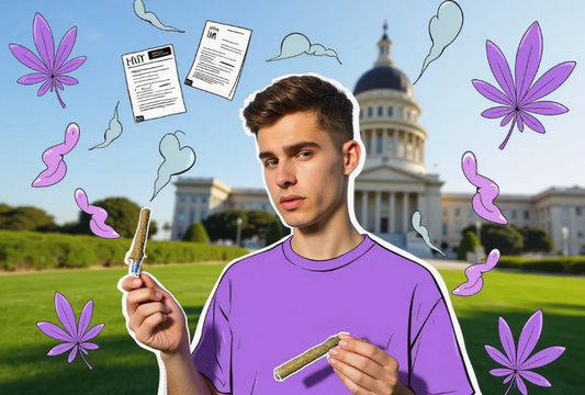 a concerned young adult holding a perfectly rolled joint made with Purple Rose Supply tools, standing in front of the Texas State Capitol with a backdrop of a government building and legal documents