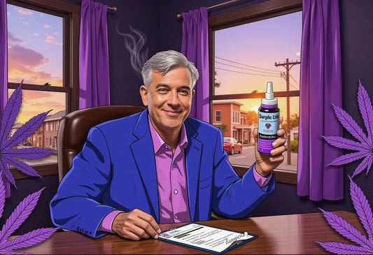 a relaxed veteran in a cozy home office, holding a Purple Rose Supply CannaMold with a medical marijuana prescription on the desk, set against a small-town community backdrop at sunset