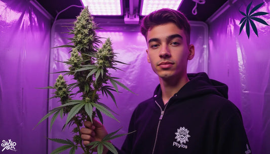 Millennial cannabis grower showcasing Phylos F1 hybrid seeds advantages over clones with a cannagar mold in hand, standing in high-tech grow room
