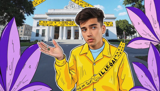 Gen Z person holding cannabis seed in front of legal zones map, representing cannabis seed legality and compliance ethics