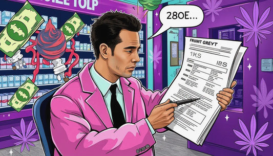 Cannabis business owner stressed over IRS 280E tax documents with floating dollar bills and Capitol building, surrounded by cannabis illustrations