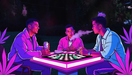 Cannabis-loving millennials celebrating 4/20 with cannagars at a vibrant outdoor picnic surrounded by illustrated purple cannabis leaves, smoke, and cannabis