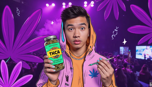 Vibrant young person holding large sparkling THCA nug and rolling cannagar in a neon-lit room showcasing best THCA strains of 2024