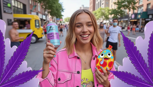 Group of diverse young adults enjoying MARY FEST NYC under cherry blossoms with cannagars, 420-themed decor, and infused Easter eggs, capturing cannabis culture and Purple Rose Supply vibes.