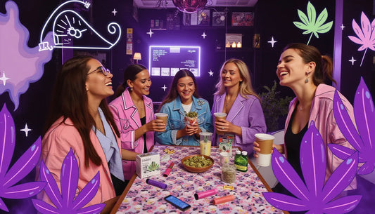 Group of friends celebrating 4/20 with edibles, vapes, and cannagar surrounded by purple cannabis leaves and smoke illustrations