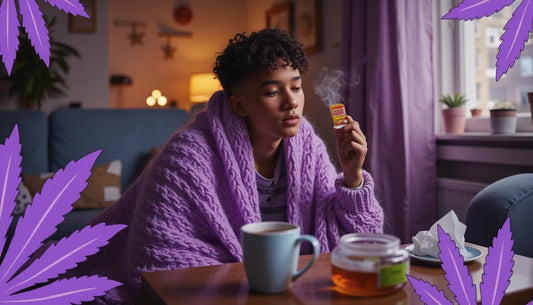 Young adult relaxing with cannabis edibles for cold relief, surrounded by cozy elements like tea and tissues, blending wellness and recovery themes