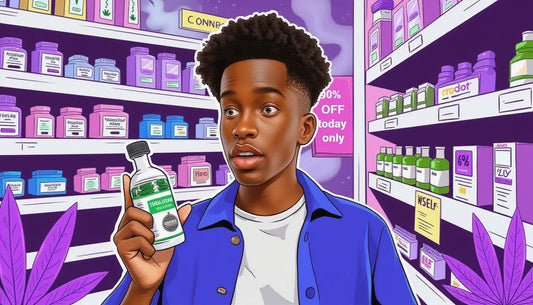 Young cannabis shopper holding marijuana and digital coupon outside Los Angeles dispensary promoting affordable weed deals