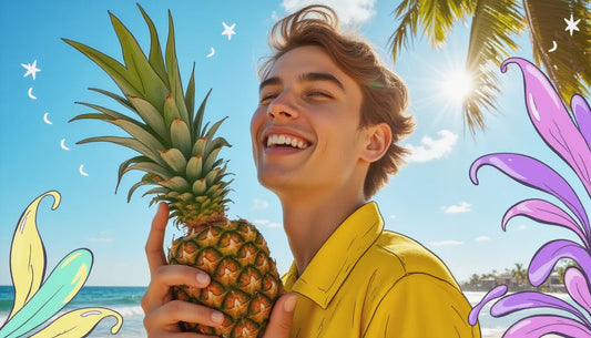 Young adult enjoying a morning Pineapple Thai cannagar with tropical fruit and coffee, ideal for wake and bake sessions.