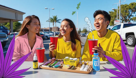 young adults at a football tailgate using cannabis vape and pre-rolls, Super Lemon Haze disposable, Doob Cube, and Celebrate Tincture in Haverhill