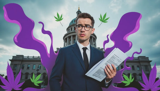 Frustrated cannabis entrepreneur in front of Missouri Capitol holding revoked license amid predatory investor shadows and legal documents, with cannabis smoke and purple leaves surrounding