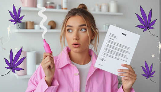 Young woman shocked holding CBD tampon box with FDA warning backdrop, highlighting CBD tampon legality and safety issues
