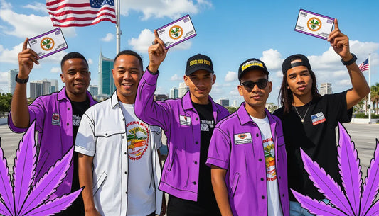 Florida veteran proudly holding free medical marijuana card with American flag, celebrating cannabis access for veterans
