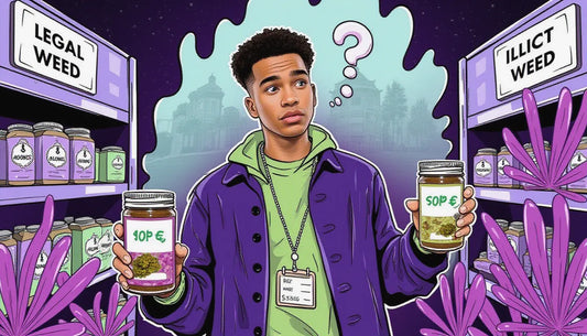 Young cannabis advocate holding cannagar in front of D.C. dispensary with federal policy document and school in background