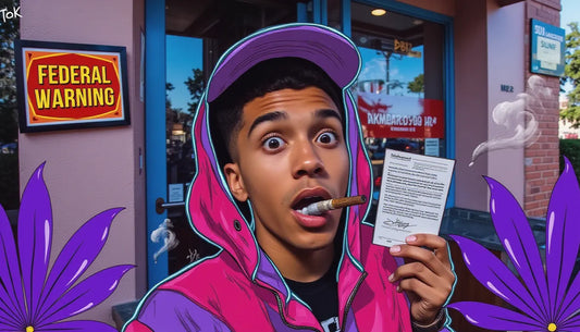Young cannabis user with tax repeal document and large cannagar rejoicing in front of California Capitol; cannabis tax repeal imagery with purple cannabis leaves and smoke