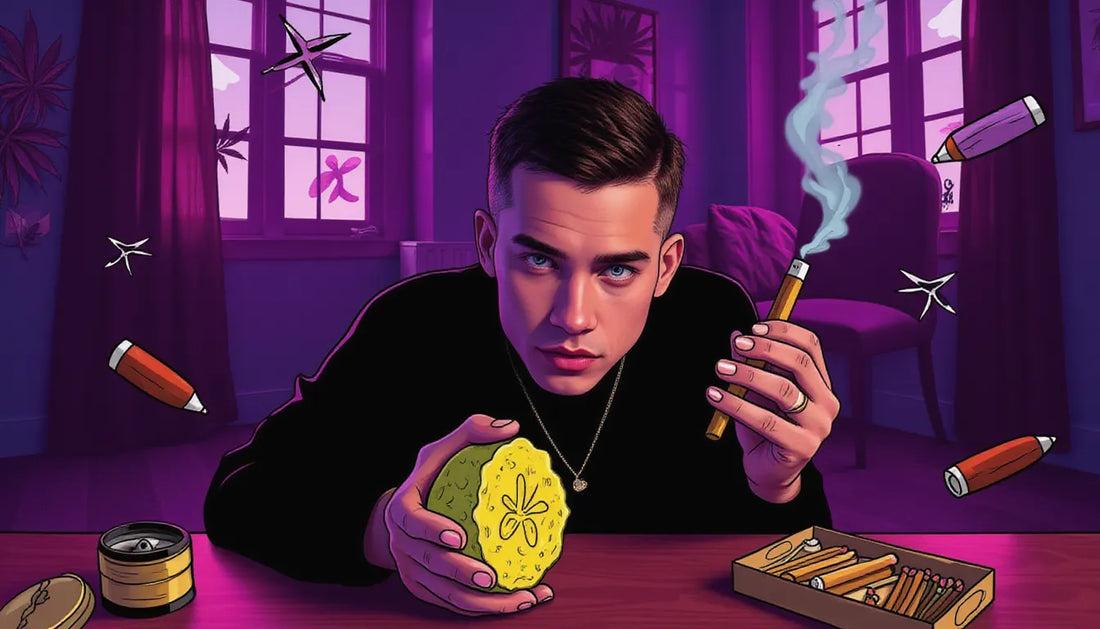 Wide-eyed Gen Z holding premium bubble hash with a Purple Rose Supply cannagar mold, surrounded by purple cannabis leaves and smoke illustrations