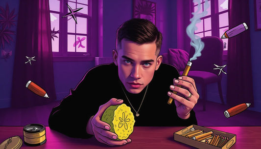 Wide-eyed Gen Z holding premium bubble hash with a Purple Rose Supply cannagar mold, surrounded by purple cannabis leaves and smoke illustrations
