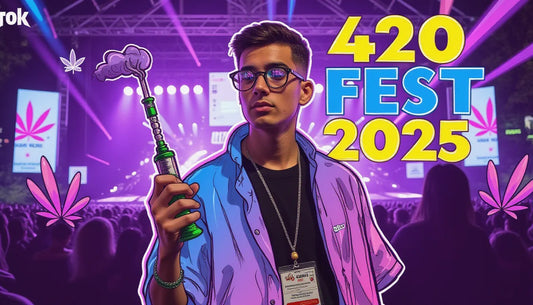 Young adults celebrating at a 2025 cannabis festival holding cannagars, surrounded by booths and smoke, with illustrations of purple cannabis leaves