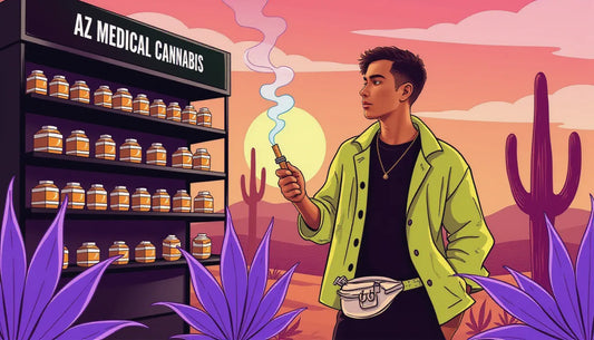 Arizona cannabis sales dropping 2024 image of Gen Z smokers with empty jar and premium cannagar in desert setting surrounded by cannabis illustrations