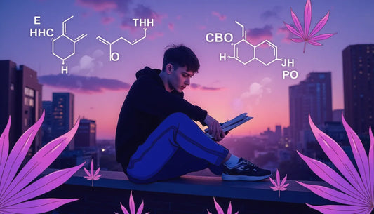 Confident young adult holding Purple Rose Supply cannagar mold and scientific papers on medical cannabis surrounded by illustrated purple cannabis leaves and smoke
