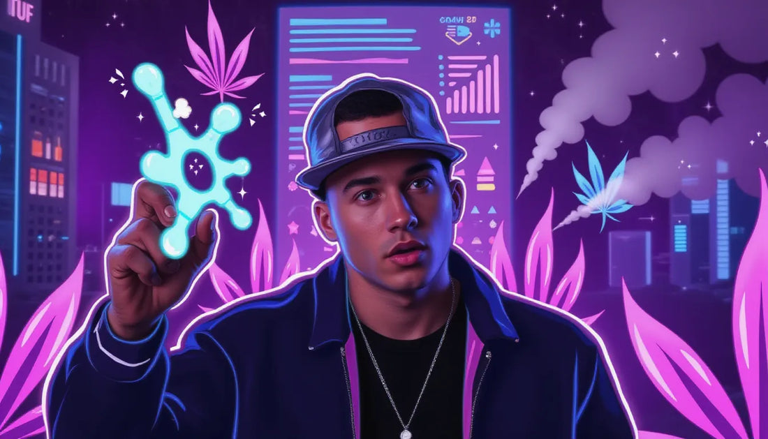 Young person reacts to new cannabinoid discovery with glowing cannabis bud and scientific visuals, representing cannabis and cancer research