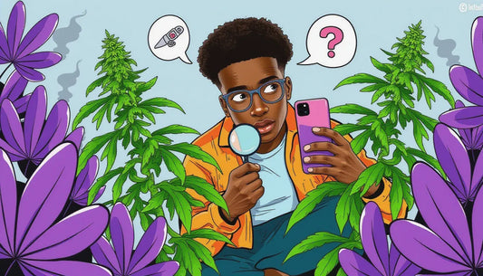 Young cannabis grower comparing male vs female cannabis plants under pink grow lights with visual guide to identify plant gender