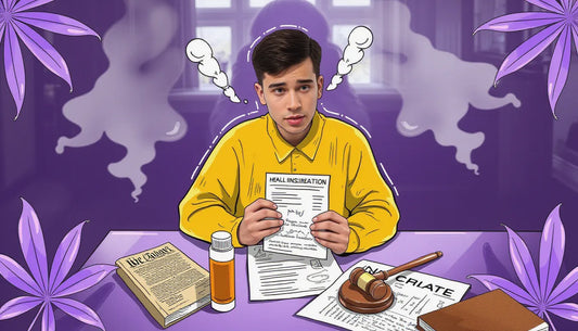 Frustrated person holding medical cannabis insurance denial letter outside courthouse with purple cannabis art and smoke