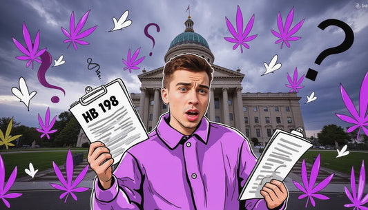 Frustrated cannabis user holding crumpled HB 198 bill in front of New Hampshire State House after marijuana legalization fails