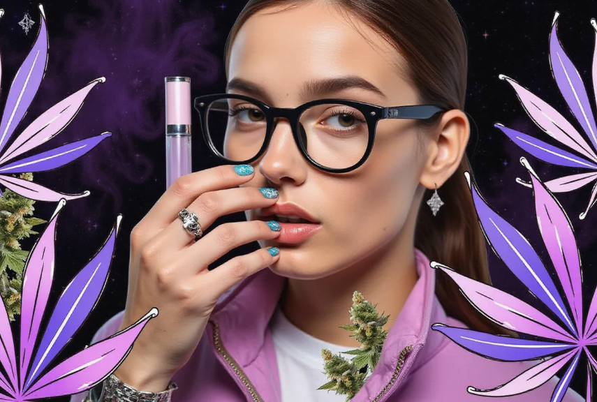 a stylish young adult showcasing a trendy marijuana manicure with intricate cannabis leaf designs on vibrant nail polish