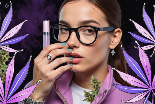 a stylish young adult showcasing a trendy marijuana manicure with intricate cannabis leaf designs on vibrant nail polish