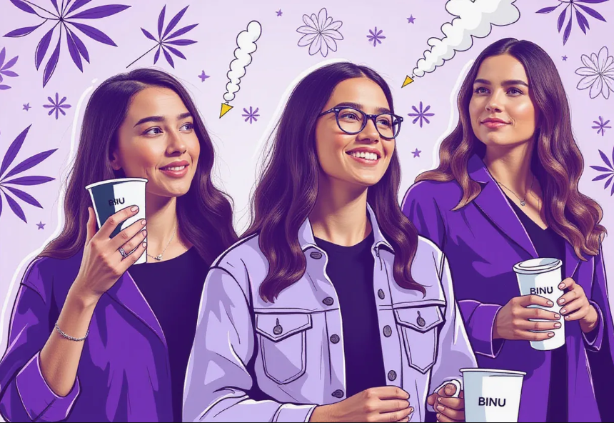 A digital illustration of three women in purple outfits holding cups labeled "BINU," with a dreamy background featuring cannabis leaves, flowers, and thought bubbles.