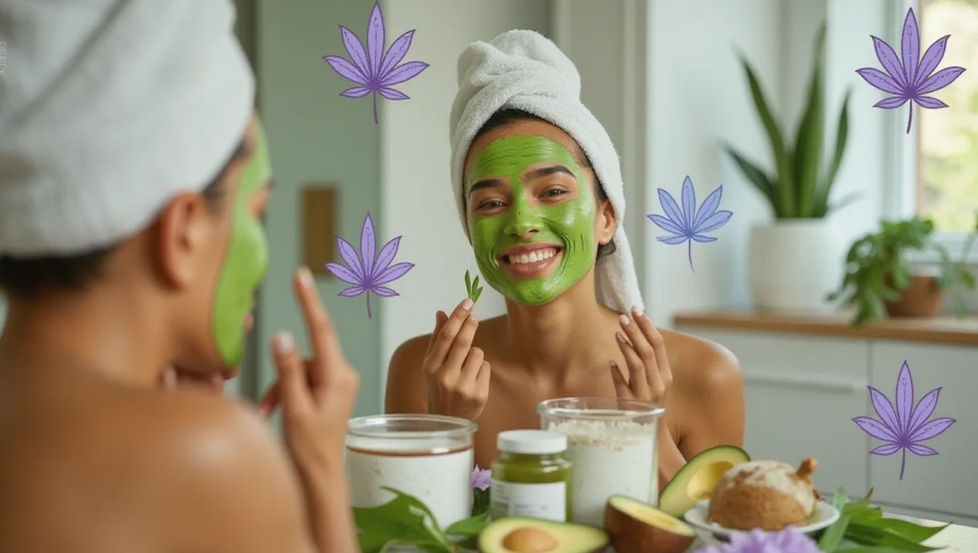 A woman with a green face mask and a towel on her head faces a mirror, surrounded by natural ingredients and purple cannabis leaf decorations in a bright kitchen.