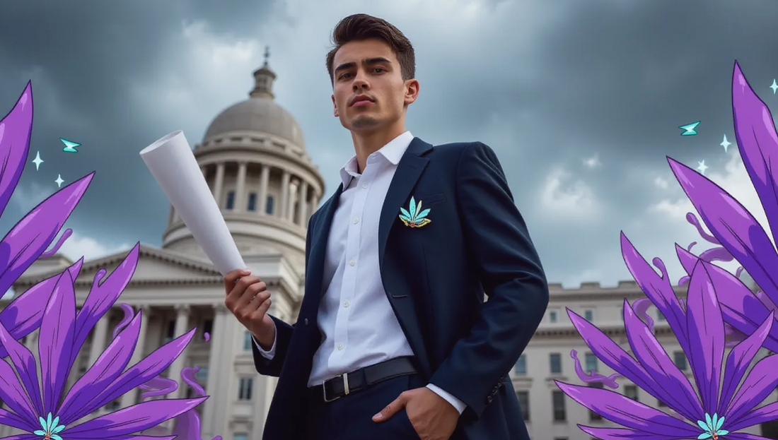 A man in a suit with a cannabis pin holds a rolled document in front of a grand building, framed by purple animated leaves and sparkles under a cloudy sky.